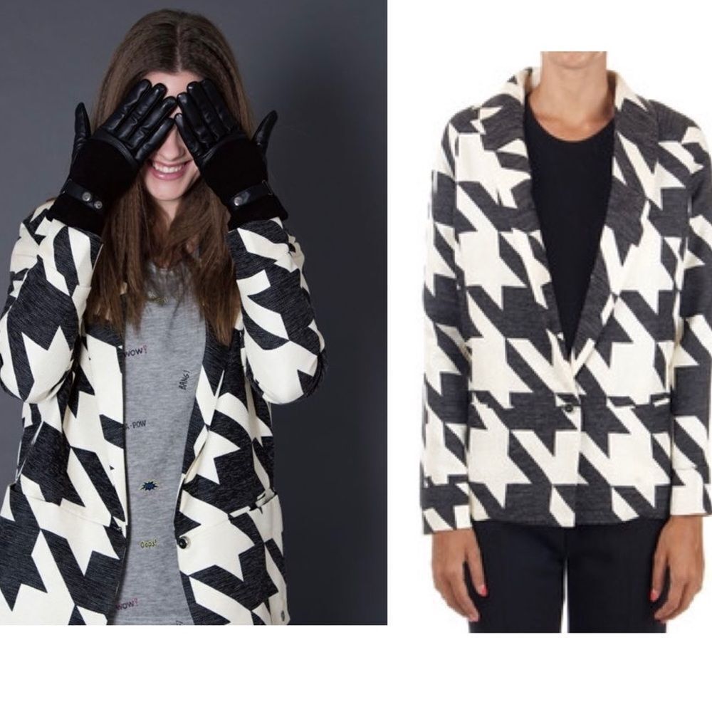 NUMPH black cream Bertha houndstooth geometric print blazer jacket Sz UK 8 NWOT